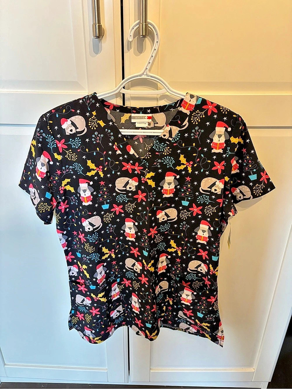 White Cross Boston Holiday Dog V-Neck Print Scrub Top